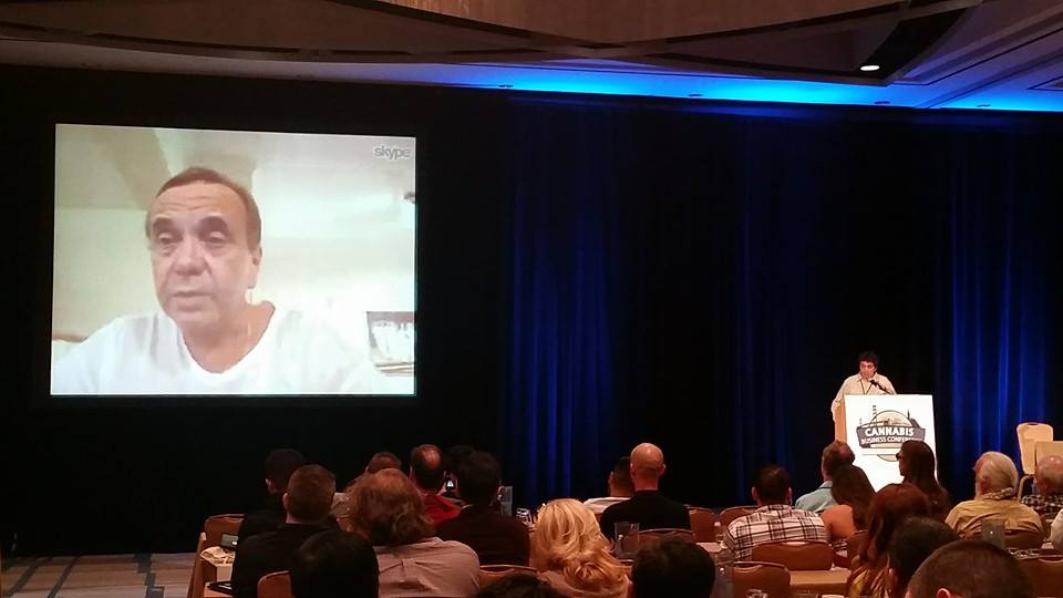 Ben Dronkers, founder of Sensi Seeds, accepts a lifetime achievement award for mixing activism with commerce from Borneo via Skype. Todd McCormick presented the award.  